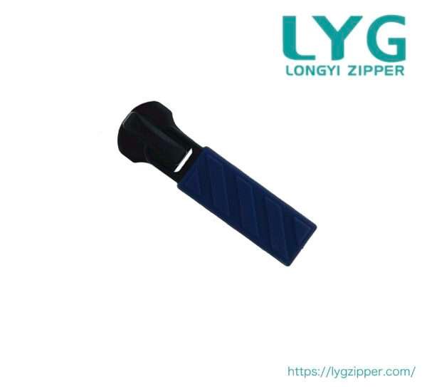 High quality black metal zipper slider with blue pull manufactured by LYG ZIPPER