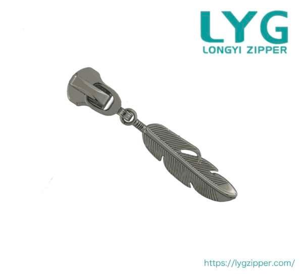High quality fancy silver metal zipper slider with feather shape pull manufactured by LYG ZIPPER