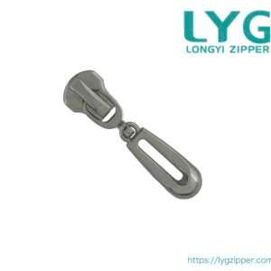 High quality fashion silver metal slider with unique custom pull for metal zipper manufactured by LYG ZIPPER