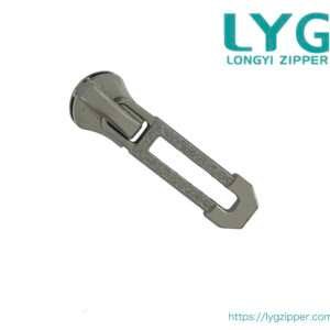 High quality robust silver metal zipper slider with unique custom pull manufactured by LYG ZIPPER