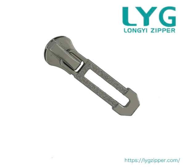 High quality robust silver metal zipper slider with unique custom pull manufactured by LYG ZIPPER