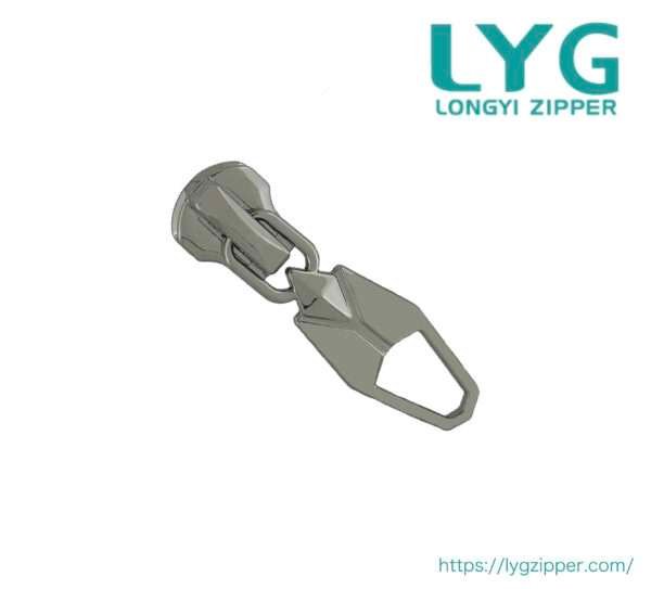 High quality silver metal zipper slider with unique custom pull manufactured by LYG ZIPPER